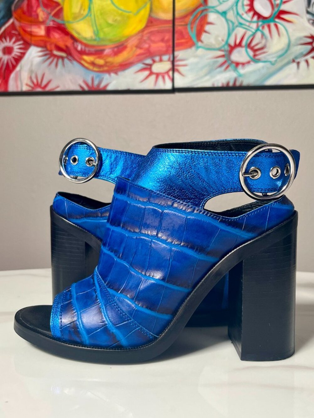 MM6 Maison Martin Margiela Blue Croc-Effect Leather Ankle Cuff Heel Sandals 39